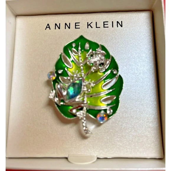 Anne Klein Green Leaf Abalone Detail Silver Frog Pave Accent Lapel Brooch Pin - Picture 3 of 4